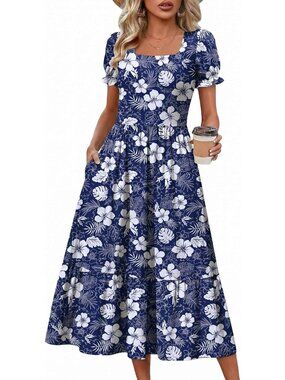 Zeagoo Women's Floral Printed Flowy Casual Short Sleeve Tiered Midi Maxi Dress